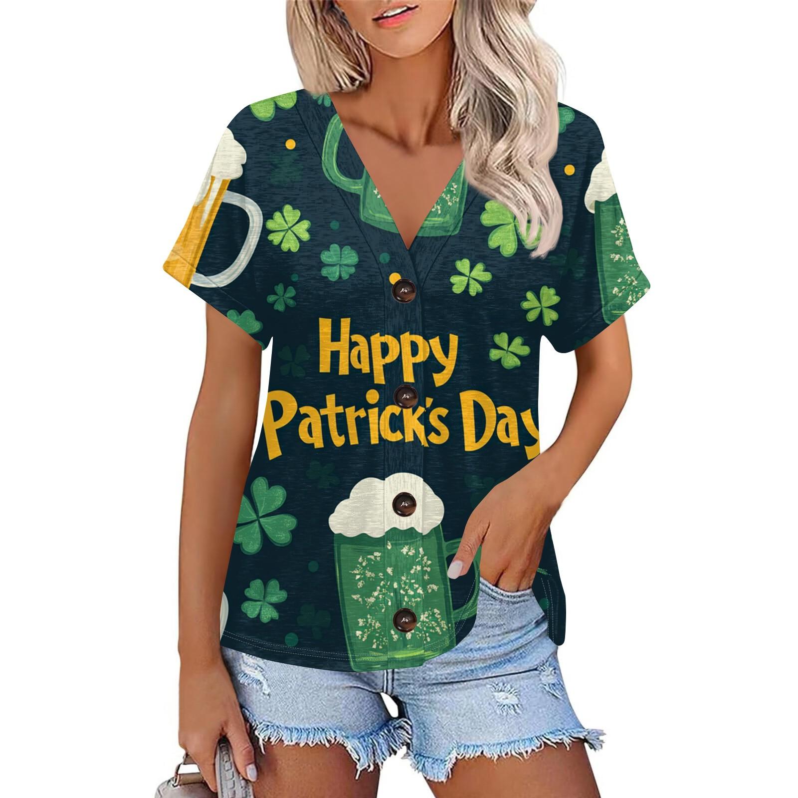 

Жіноча мода Короткий рукав V-подібний виріз St. Патрік Принт Топ Повсякденна Сорочка на Ґудзиках L шафрановий
