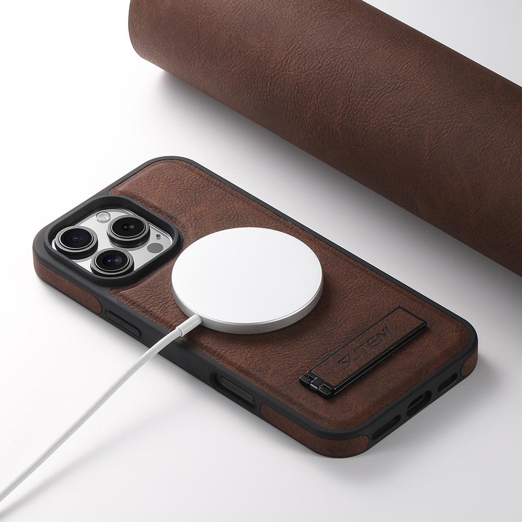 SUTENI G2 dla iPhone 16 Pro Magnetyczne Etui Podstawka Tekstura liczi Skóra+TPU Pokrowiec