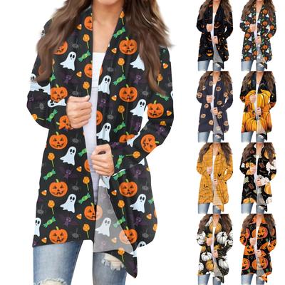 Women's Fashion Casual Halloween Printed Medium Length Cardigan Jacket Coat