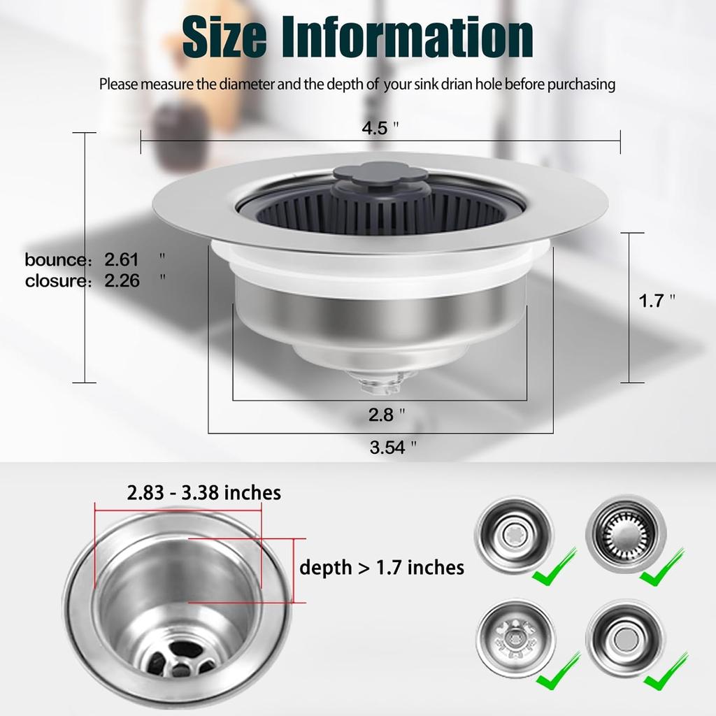 Upgraded 3 In 1 Kitchen Sink Drain Strainer - Stopper Set, Stainless Steel Kitchen Sink Stopper, Pop Up Anti-Clogging Sink Strainer Basket Filter for