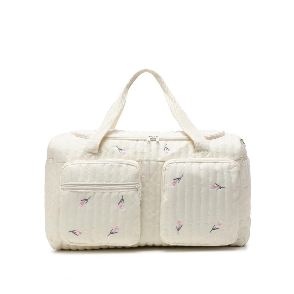 Baby Diaper Bag Cute Bear Flower Embroidery Pattern Mommy Bag Baby Beige Cotton Fabric Zipper Diaper Handbag New Luggage Bag