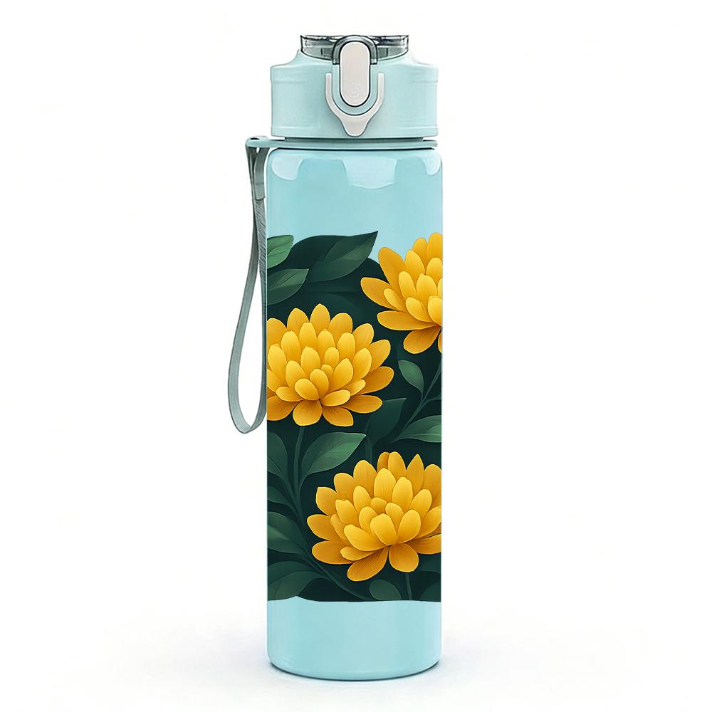 1PC Yellow Chrysanthemum Dark Leaf 750ml Color Plastic Sports Water Bottle Leakproof Flip Straw Lid Suitable for Sports Office Home Use