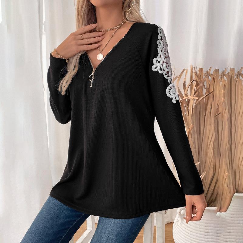 Autumn Winter Personality Loose Casual Embroidery Zipper Tee Women Long Sleeve All-match Pullover T-shirt Top