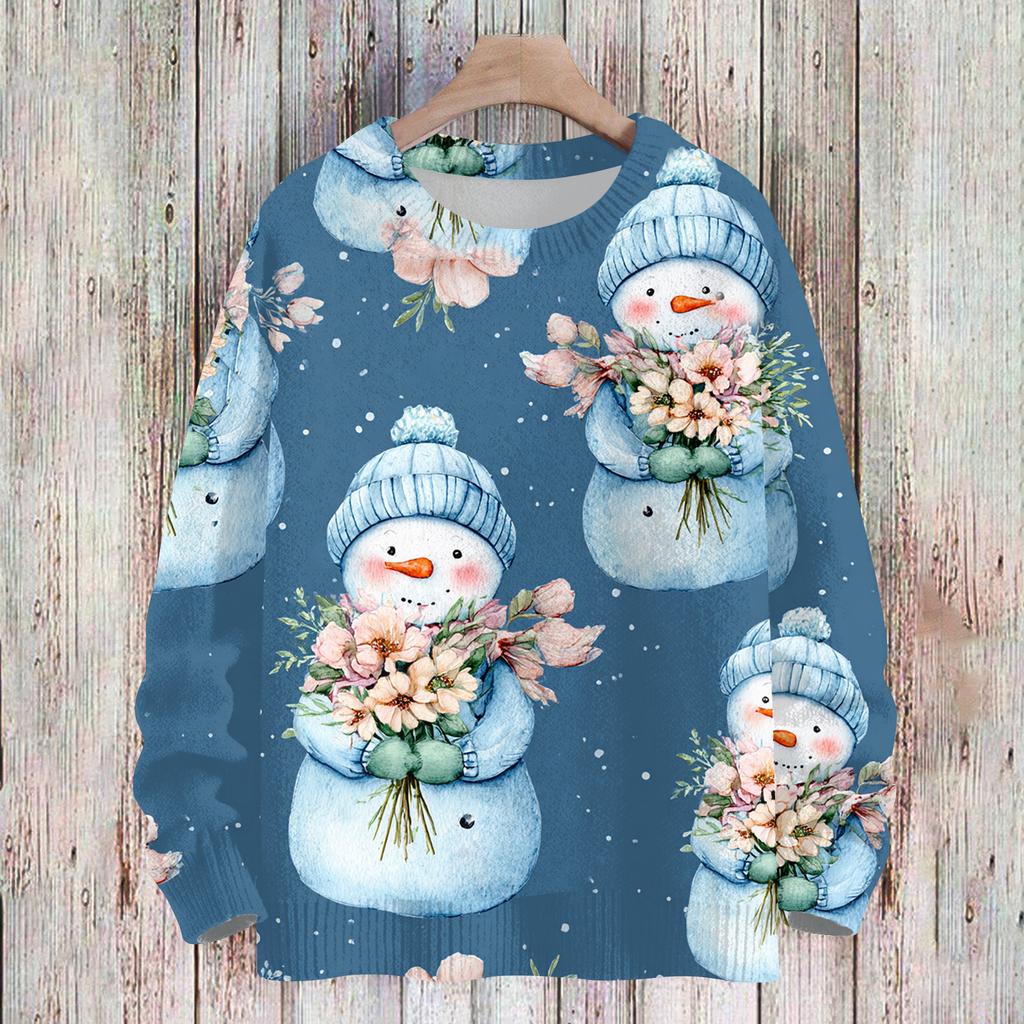 Ladies' Fashionable And Casual Christmas Cute Printed Round Neck Long Sleeved Knitted Yarn