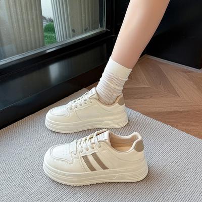 Women's Spring Breathable Thick-Soled Leather White Casual Sports Shoes, Versatile Flat Board Footwear For Students.