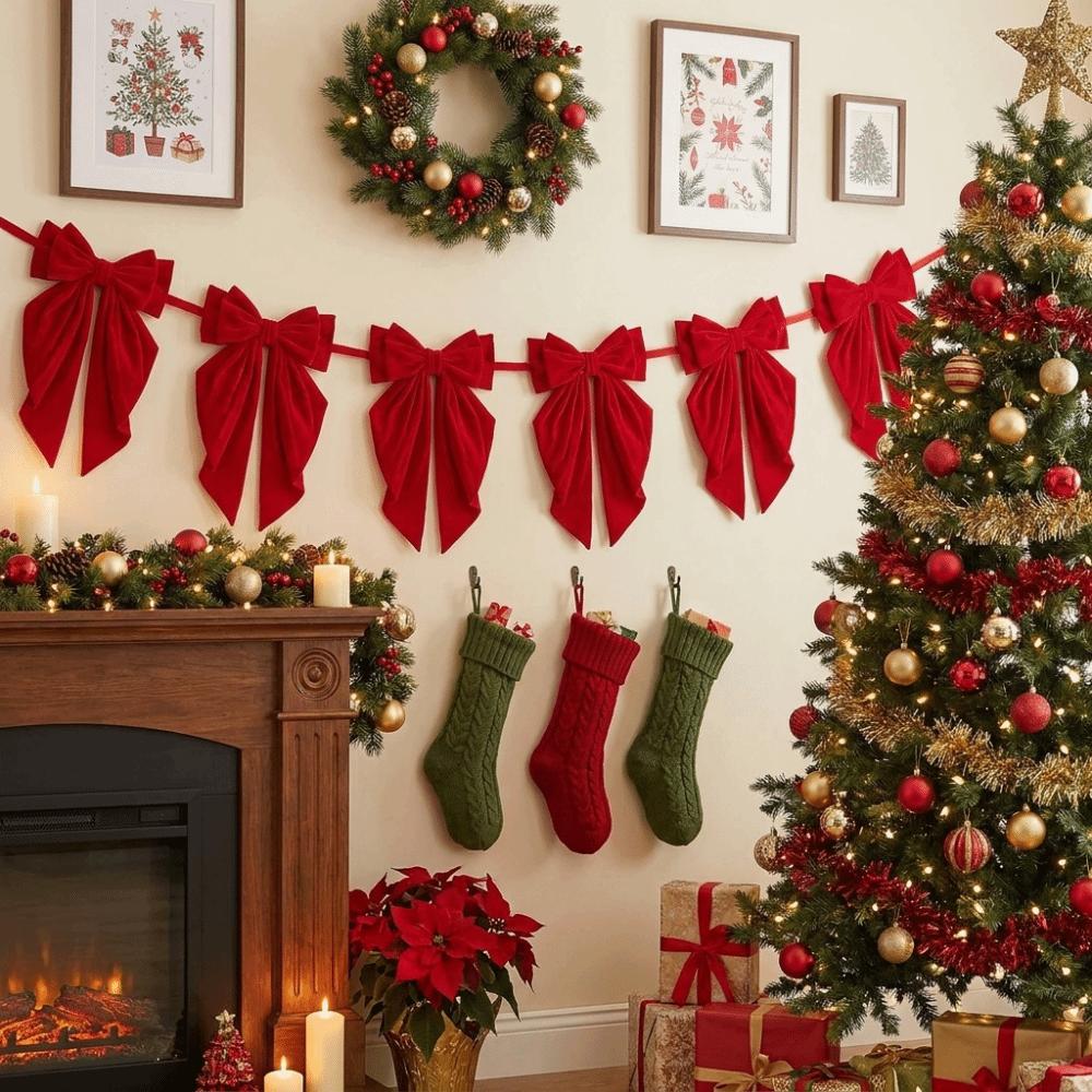 Handmade Red Bow Banner Reusable Christmas Velvet Ornament Exquisitely Bow Bunting Party