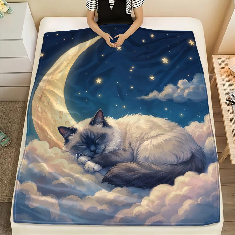 Cloud moon cat dog sleep Print Flannel Blanket,High quality Comfortable for All Seasons,Home Decor,Warmth and Comfort,Perfect for Christmas Gifts