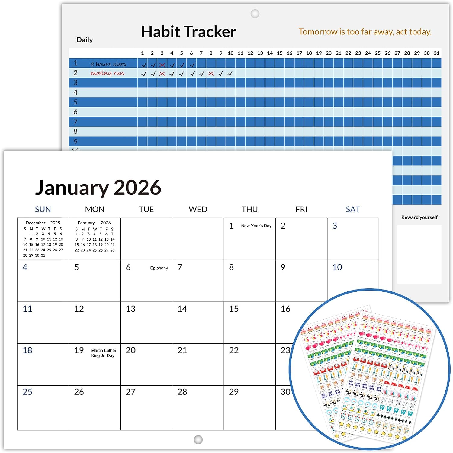 2026 Wall Calendar, Habit Tracker Calendar, Wall Calendar with Stickers, ADHD Cleaning Planner, 18 Monthly Calendar, Monthly Habit Tracking Planner,