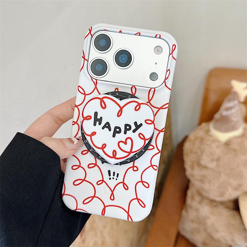 Korean Red Heart Magnetic Bracket Phone Case for iPhone 17/16 Pro Max/15 Pro
