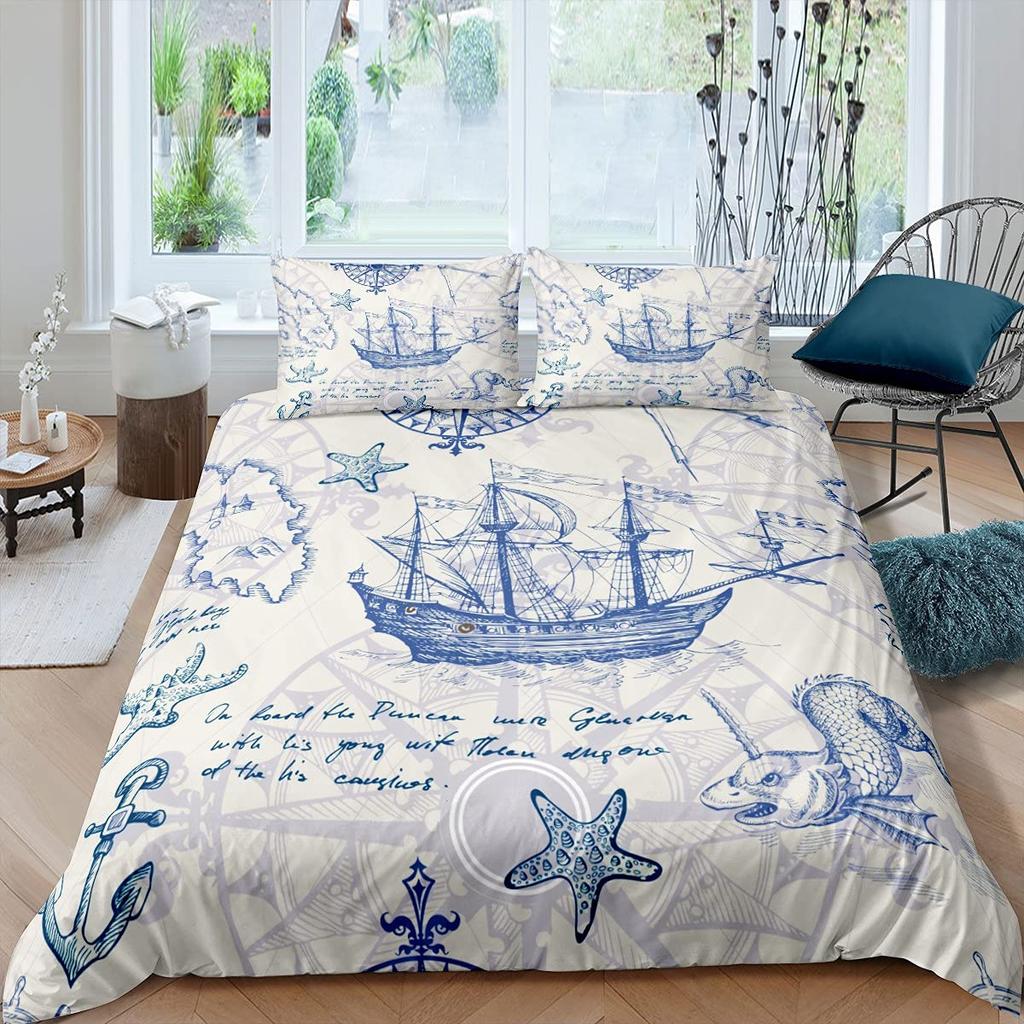 Nautical Duvet Cover Set Boat Pirate Bedding Set King Size Retro Sailboat Brown Comforter Cover Anchor Compass Vintage Quilt Set