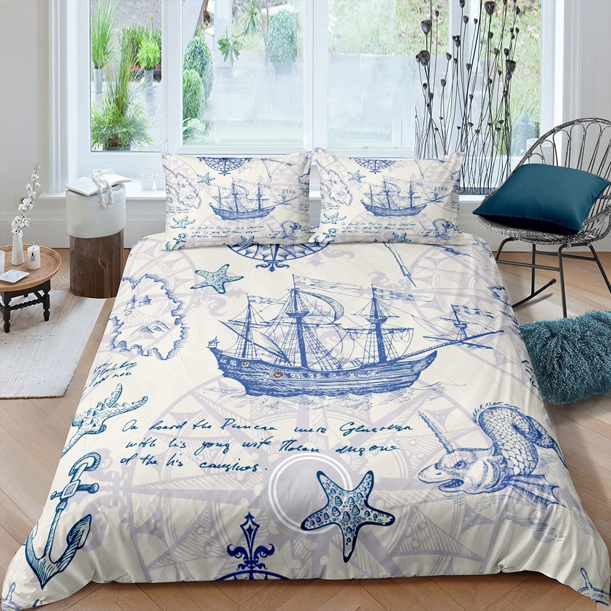 

Nautical Duvet Cover Set Boat Pirate Bedding Set King Size Retro Sailboat Brown Comforter Cover Anchor Compass Vintage Quilt Set EU single(135x200cm)