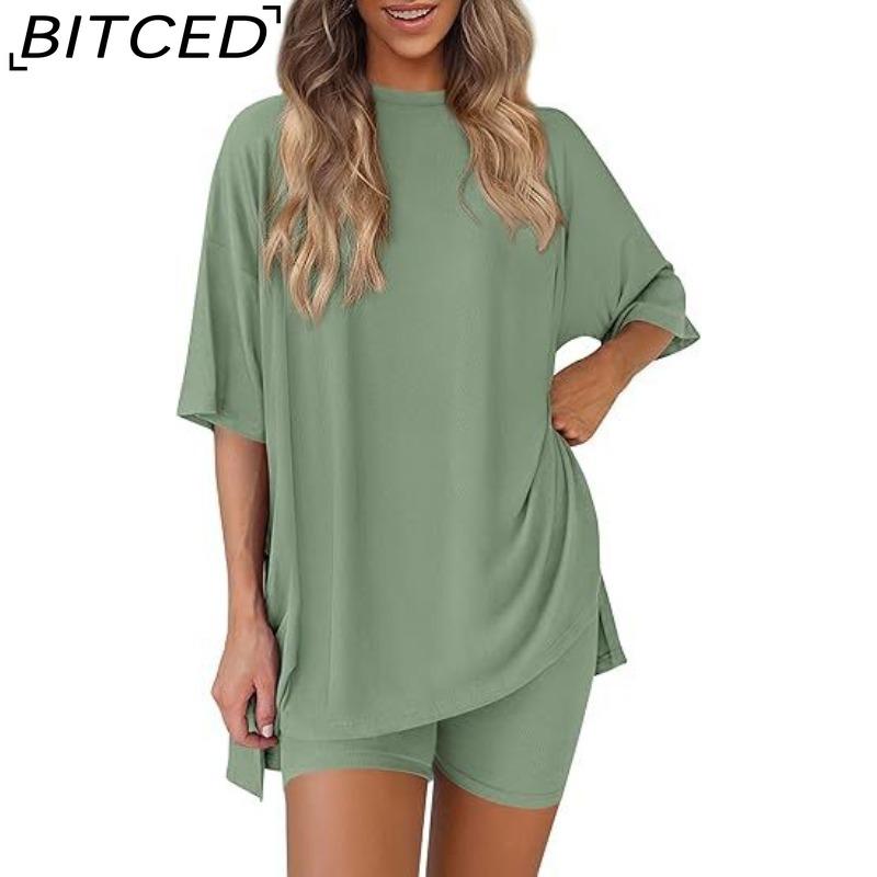 BITCED Women's Spring/Summer Loose-Fit Fashion Solid-Colour Casual Short-Sleeved Top and Shorts Two-Piece Set