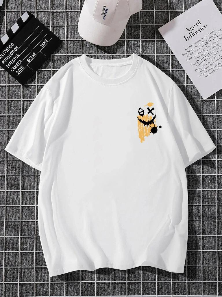 'Smile Mood' Print, Men's Casual Crew Neck Short-Sleeve  Fashion Summer T-Shirts Tops, Men's Outfits Tee,Regular Oversize Tees