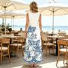 Women’s Blue White Floral Sleeveless Flowy Maxi Dress Soft Comfy Fabric,Versatile Vacation Resort Style,Ideal for Summer Daily Casual Outings