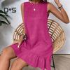 Summer Sundress Ruffle Hem Loose Sleeveless Round Neck Solid Color A-line Mini Dress for Beach Datings Vacation