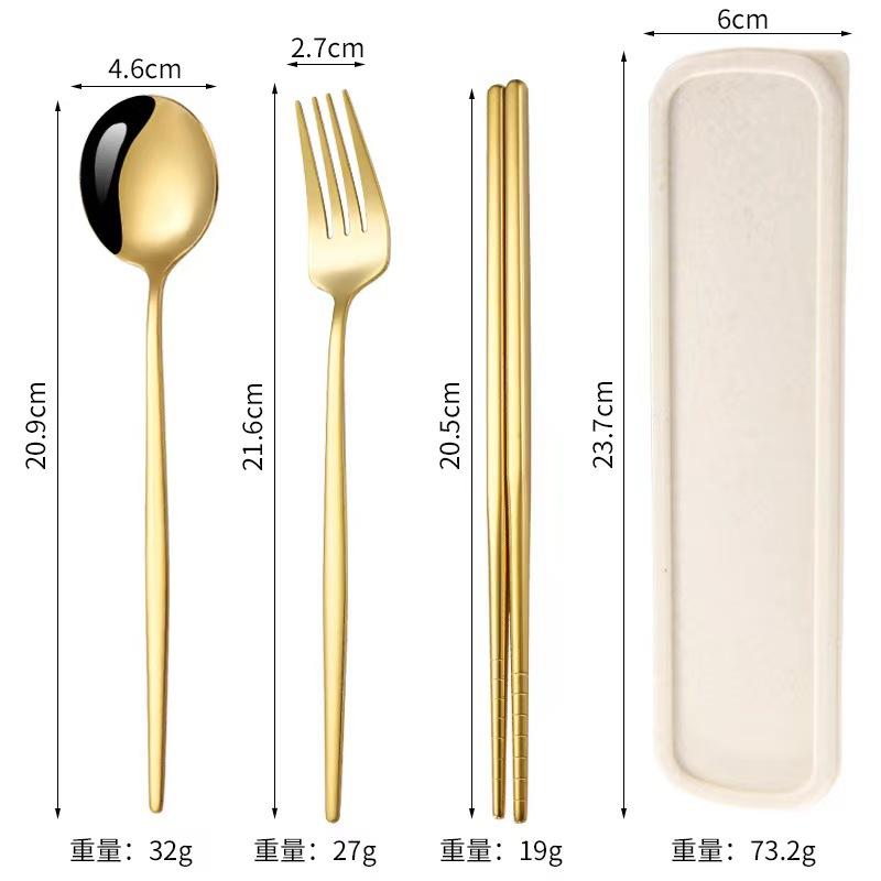 Stainless steel tableware, convenient student spoon, fork, chopstick three-piece set, travel storage set