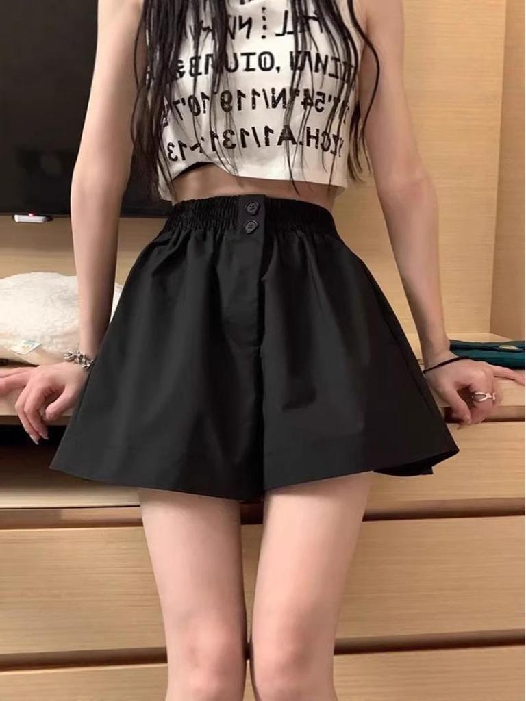Women's Summer Washed Cotton Wide-Leg High Waist Shorts, Korean Style, Slimming, Solid Color, Versatile, Casual.