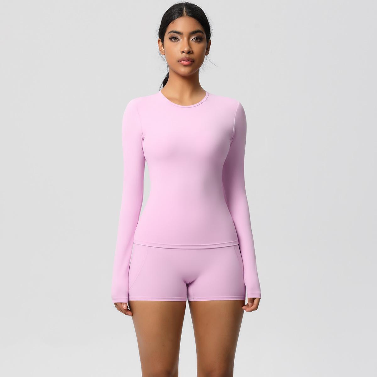 

Solid Color Tight Long Sleeved T-Shirt Yoga Suit Set With High Waist And Naked Sensation, Quick Drying Running And Fitness Two-Piece Set For Women XL