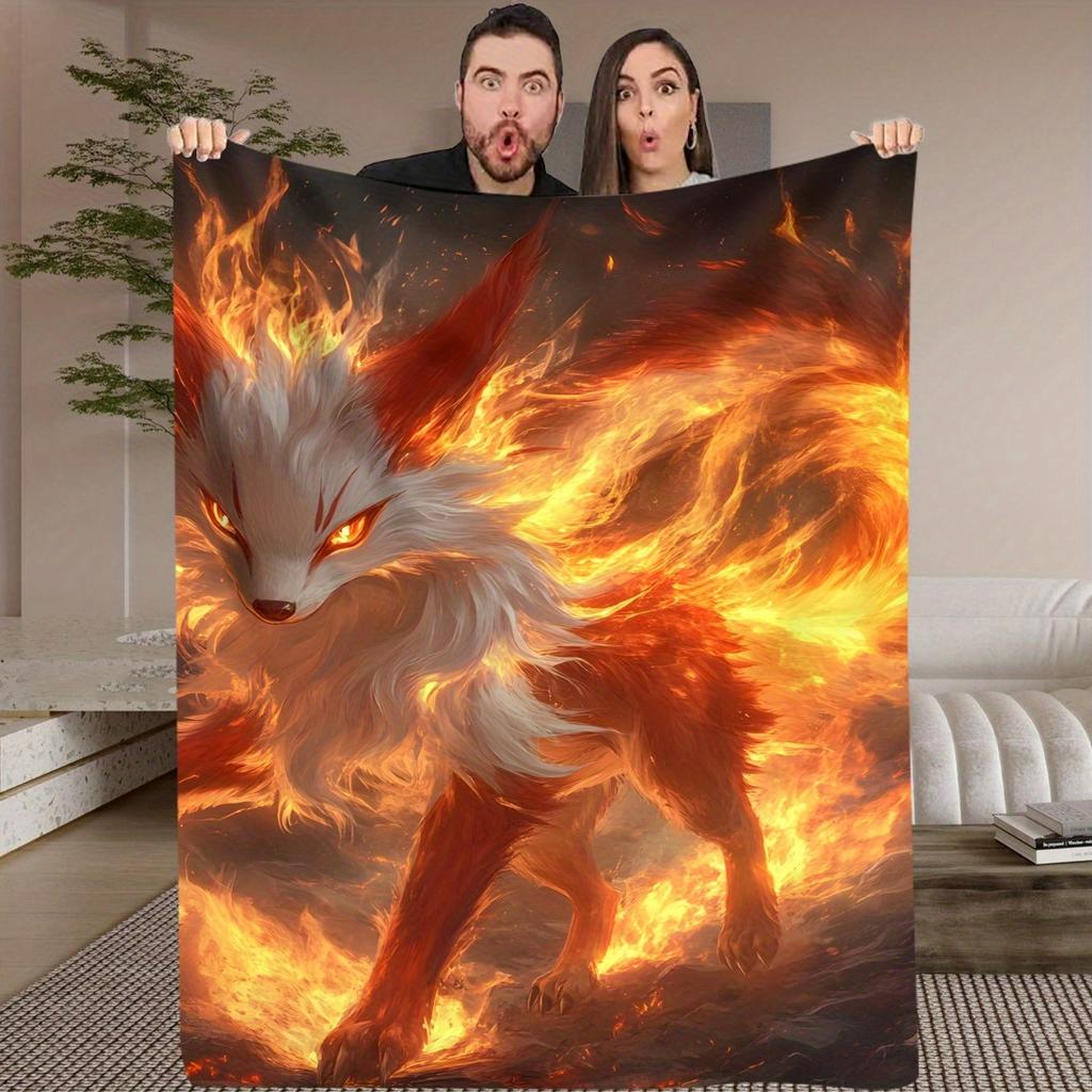 1pc Flame Fox Throw Blanket - Flannel Soft Warm All-Season Blanket with Fiery Fox in Flames, Lightweight Portable for Home, Offi
