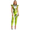 Macacão Alien Metálico Iridescente Feminino Manga Voadora Calças Compridas Unitard Traje Cosplay Espacial