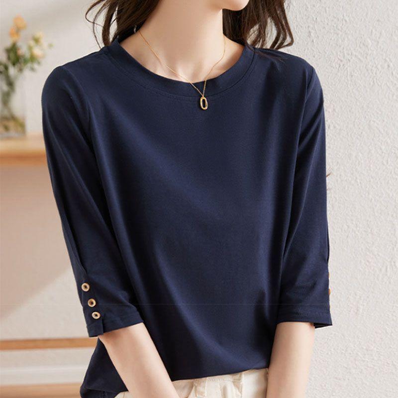 

Осенняя женская одежда Футболки Однотонные С круглым вырезом Пуговицы Сборки Асимметричные Модные Повседневные Рукав 3/4 Свободные Базовые Футболки Топы M