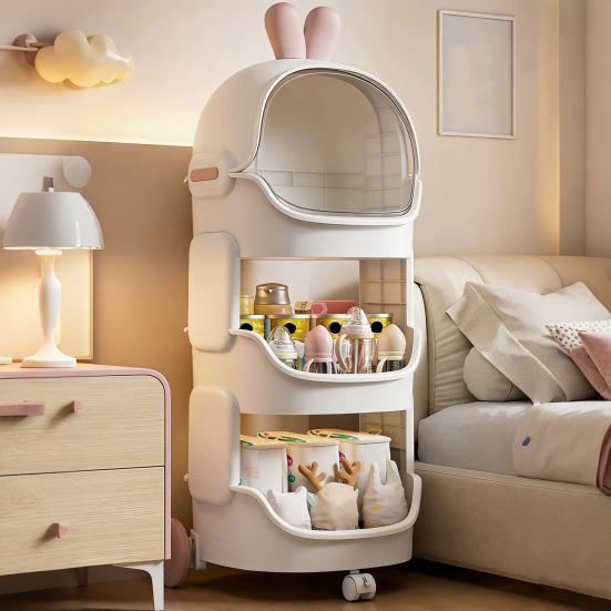 Yousheng Kids Toy Storage Organizer with Wheels And Top Lid Space Duck/Rabbit Design Stackable Rolling Cart for Baby Nursery Playroom Bedroom