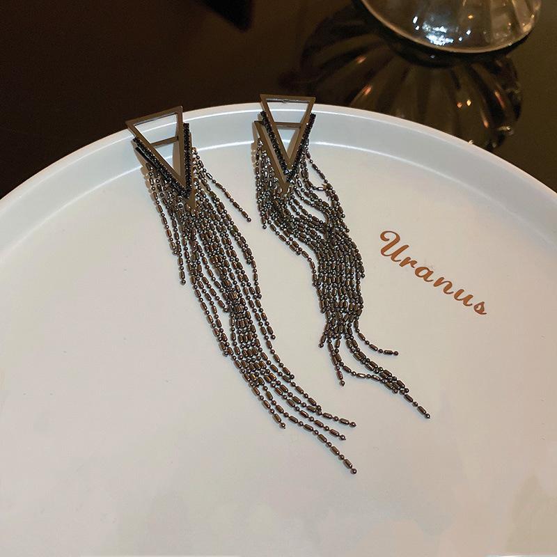 Vintage Diamond Triangle Long Tassel Silver Needle Earrings Elegant Earrings