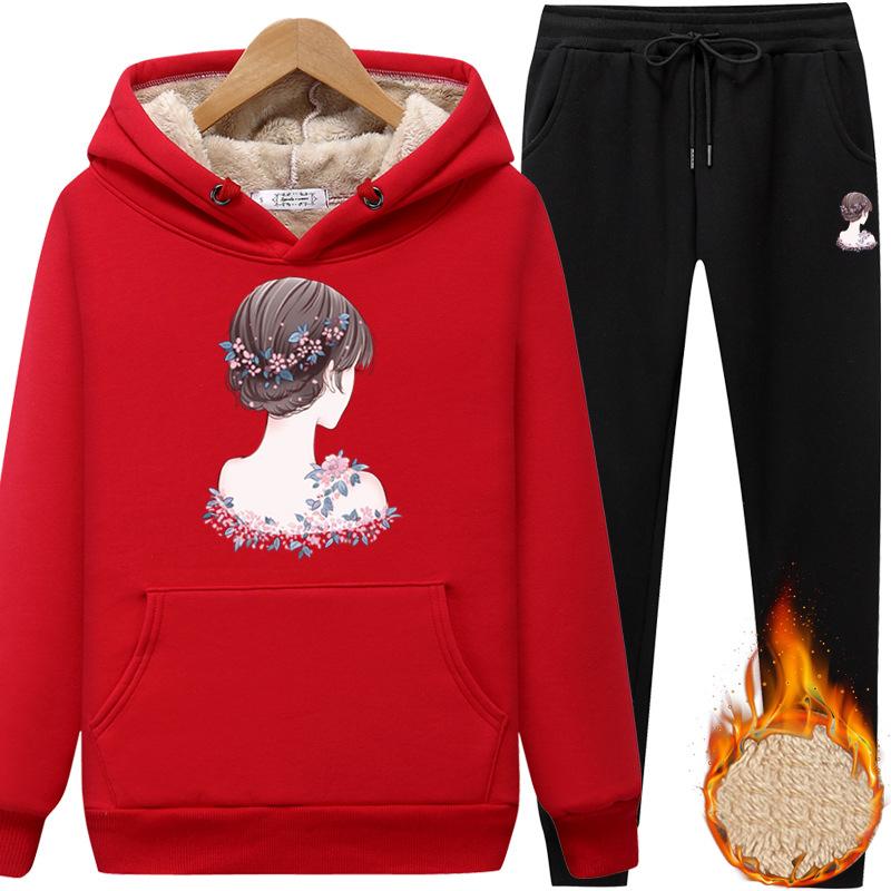 

Зимний бархатный утепленный женский свитер с капюшоном, комплект из двух предметов, толстовка, брюки, пуловер, комплект спортивной одежды, повседневная женская одежда