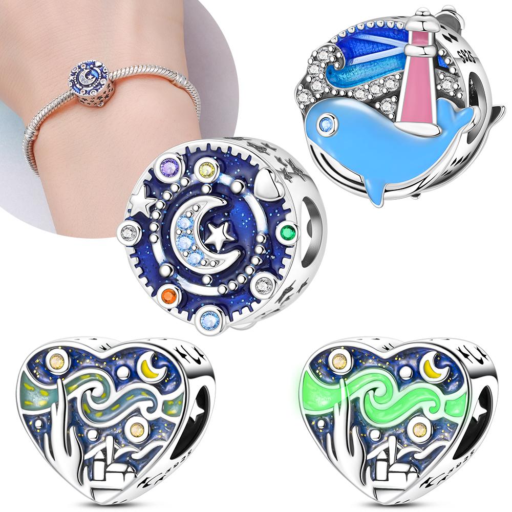 Sun Moon Bead Necklaces Blue Heart Starry Sky Authentic copper Bead Charms Compatible With Bracelets Anniversary Fine Gift Accessory Diy