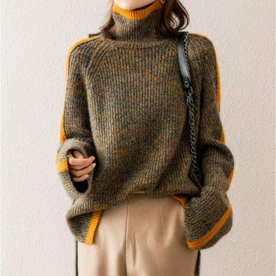 Rollkragenpullover Damen Verdickt Retro Herbst und Winter Japanisch Locker Oberbekleidung Kontrastfarben Pullover