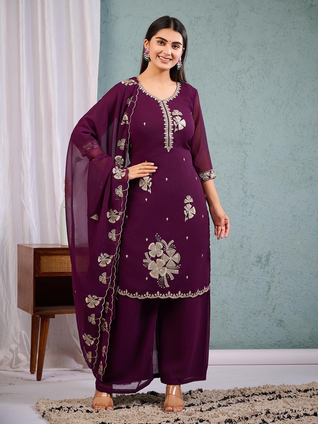 Женский бордовый вышитый комплект Kurta Palazzo с дупаттой, этнический костюм для вечеринки, индийский костюм S винный