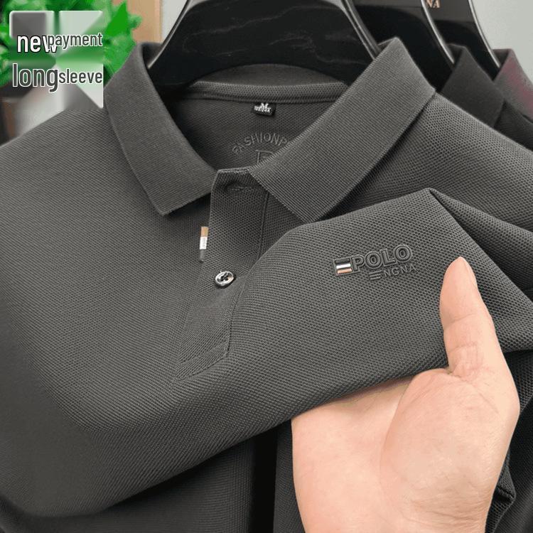 Spring New Men s Pure Cotton Lapel Long Sleeve Polo - Casual Versatile T-shirt 4XL темно-серого