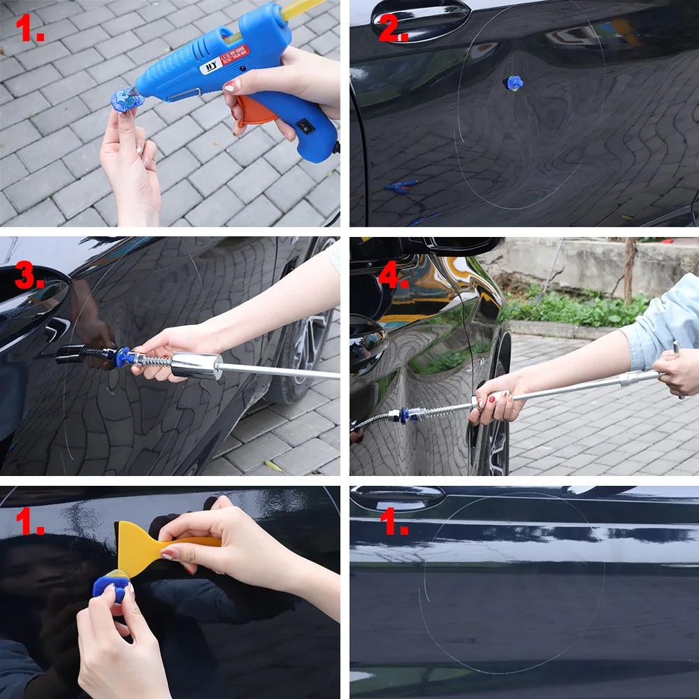 Auto Body Dent Repair Tools Kit Sheet Metal T Dent Puller Slide Hammer Reverse Hammer Glue Car Paintless Suction Cup Removal Set