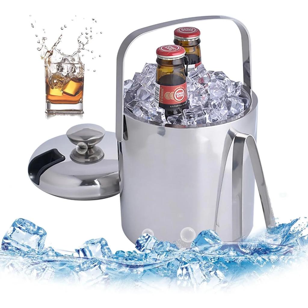 1.3L Stainless Steel Ice Bucket with Double Wall Portable Insulation with Lid, Carry Handle, Ice Scoop and Strainer, Silver