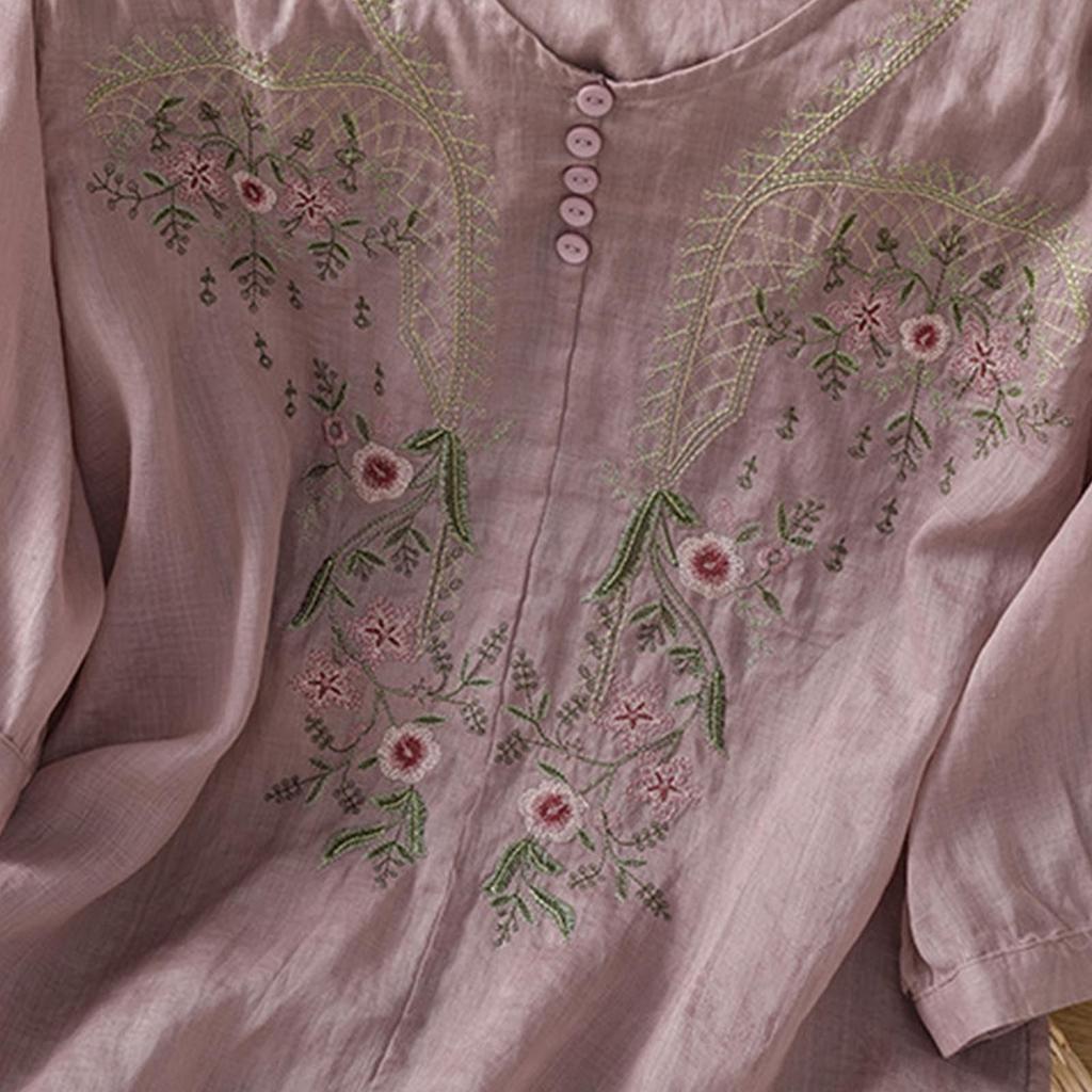 Fashion Women's Shirt Five-quarter Sleeve Spring And Summer Loose Top Embroidered Shirt