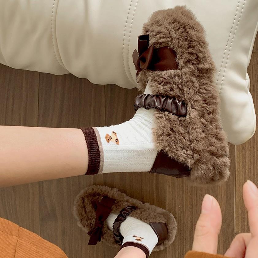 Bow-tie thick-soled fluffy shoes, women's autumn and winter height increase, one pedal, velvet Mary Jane cotton shoes