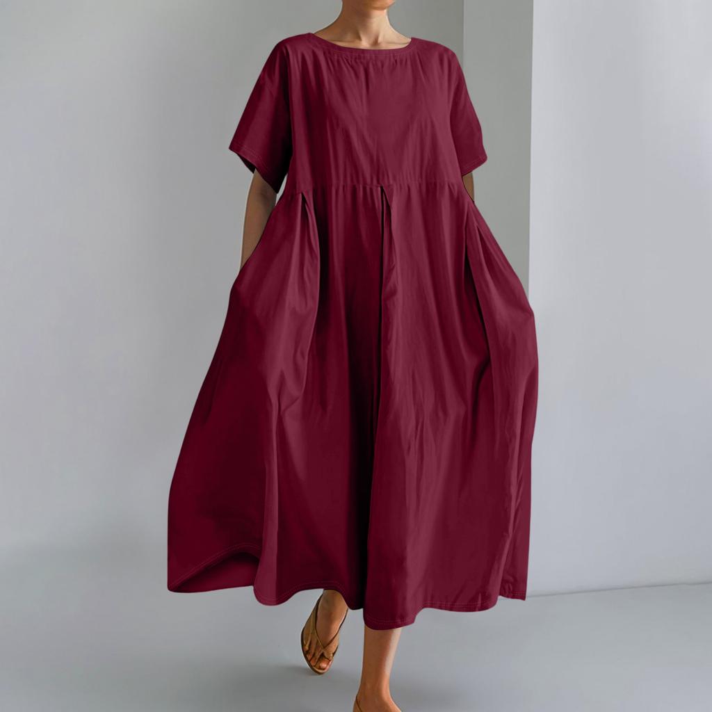 Women's  Color Fashionable Casual Cotton And Linen Loose Round Neck Short Sleeved Dress