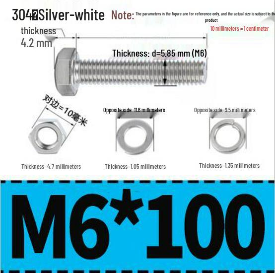 304 Stainless Steel Hex Head Bolt and Nut Set M6-M14, Lengths 8-100mm