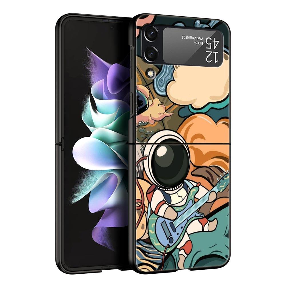 Cartoon Cute Cosmonaut Hard PC Phone Case For Samsung Galaxy Z Flip 7 6 5 4 Black Cover For Galaxy Z Flip3 Foldable Fundas Shell