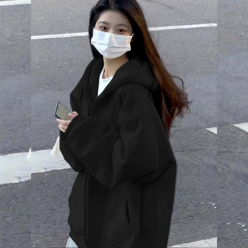 Women's Gray Hooded Cardigan Sweatshirt - Autumn 2026 Korean Style