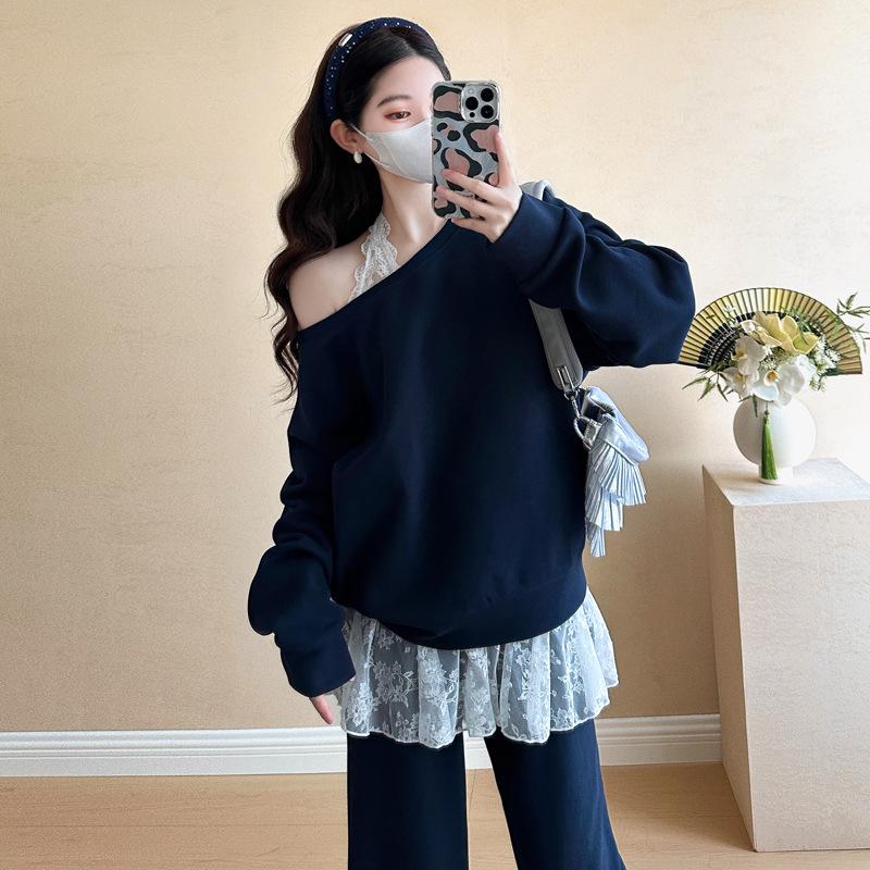 2026 Autumn Stylish One-Shoulder Hoodie & Lace Halter Set with Pig Nose Buckle XL
