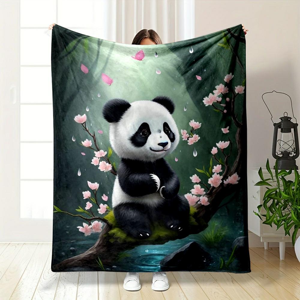 Cute Panda On Cherry Blossom Tree Design Flannel Blanket for Bedroom, Living Room, Sofa, and Nap Sofas