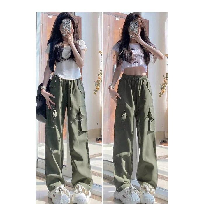 Women Y2K Cargo Pants High Waist Streetwear Hip Hop Trousers Female Big Pockets Casual High Waisted Drawstring Baggy Sweatpants
