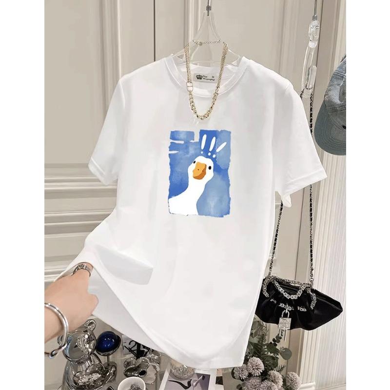 Cartoon Printed Short-sleeved T-shirt for Women In Summer New Fashionable Age-reducing Large-shoulder Pure Cotton Top
