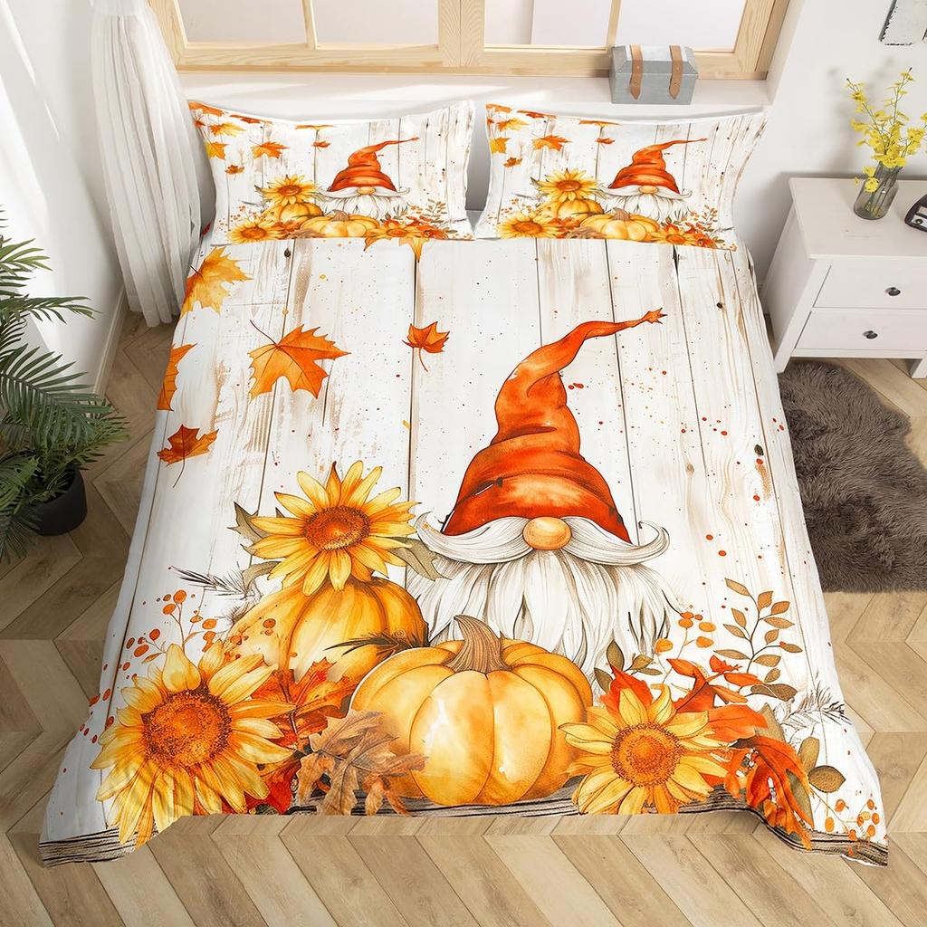 Herbst Kürbis Bettbezug Happy Fall Y'all Bettdeckenbezug für Jungen Mädchen Herbst Ahornblätter Bettwäscheset 3-teilig Bauernhaus Zimmerdeko