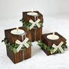 Wooden Tealight Candle Holder Rustic Wood Pillar Candle Stand with Bow Vintage Table Centerpiece for Fireplace Living Dining Room