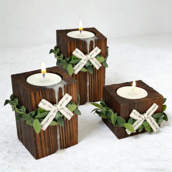 Wooden Tealight Candle Holder Rustic Wood Pillar Candle Stand with Bow Vintage Table Centerpiece for Fireplace Living Dining Room