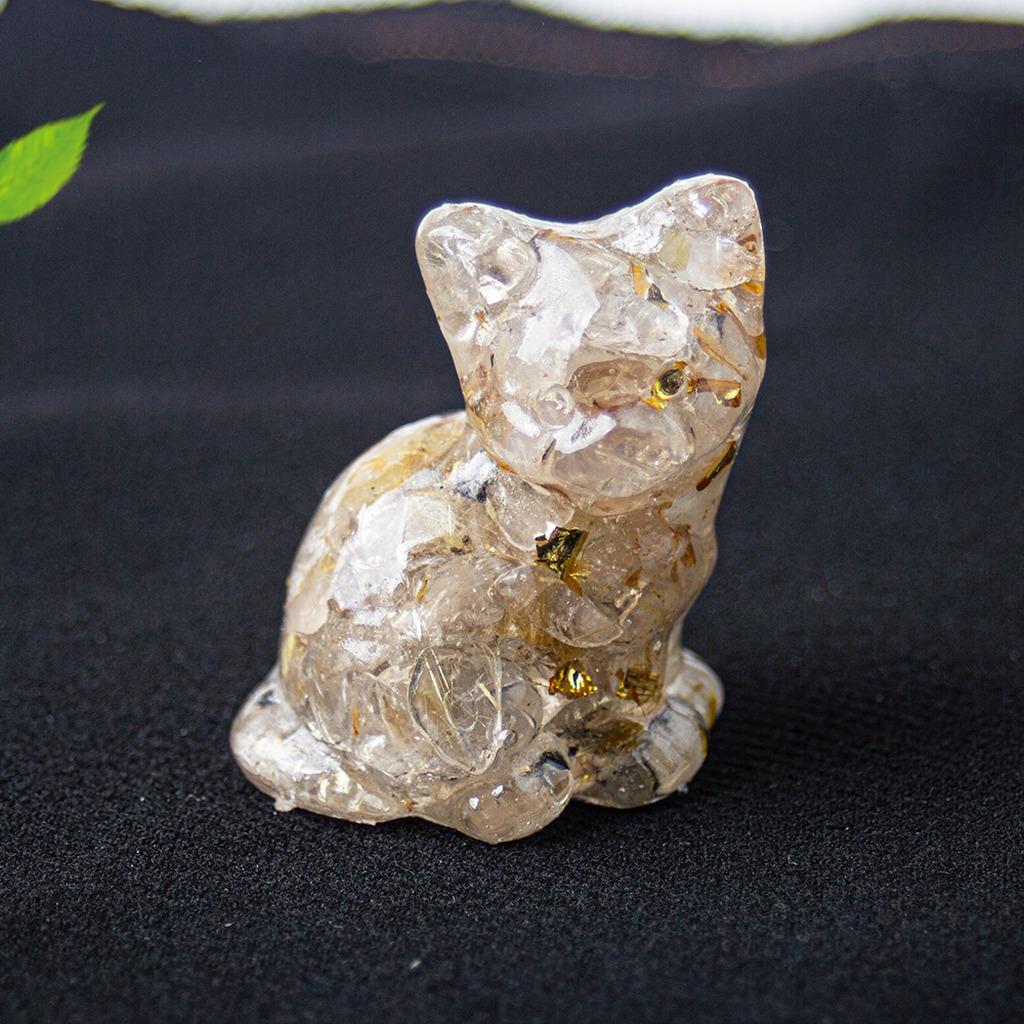 Natural Crystal Gravel Resin Sitting Turning Face Cat Figurine With Gold Foil Cute Desktop Decor For Home Office