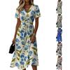 Women's Casual V Neck Short Sleeve Floral Print Dress Midi Length Lightweight Comfortable Summer Dress