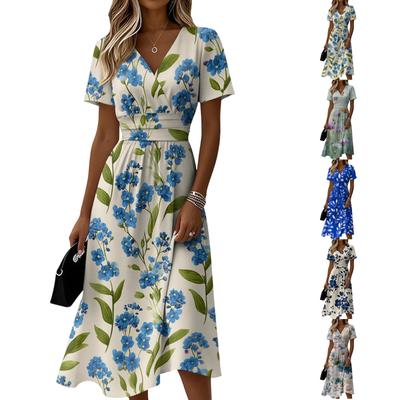 Women's Casual V Neck Short Sleeve Floral Print Dress Midi Length Lightweight Comfortable Summer Dress